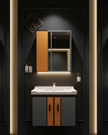 Modern Gray & Orange Bathroom Vanity with Marble Backsplash