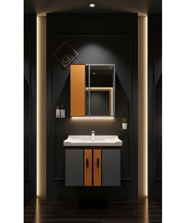 Modern Gray & Orange Bathroom Vanity with Marble Backsplash