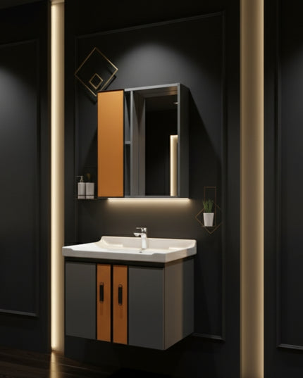 Modern Gray & Orange Bathroom Vanity with Marble Backsplash