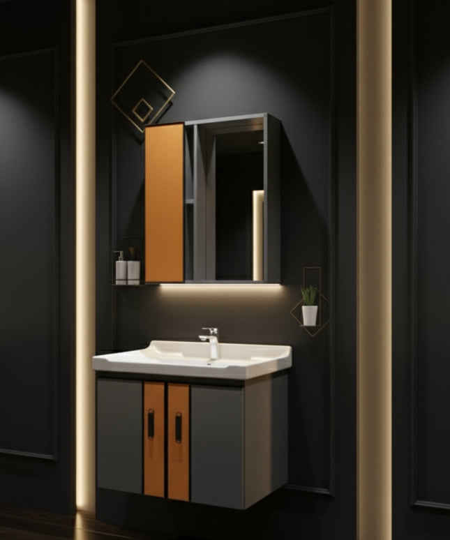 Modern Gray & Orange Bathroom Vanity with Marble Backsplash